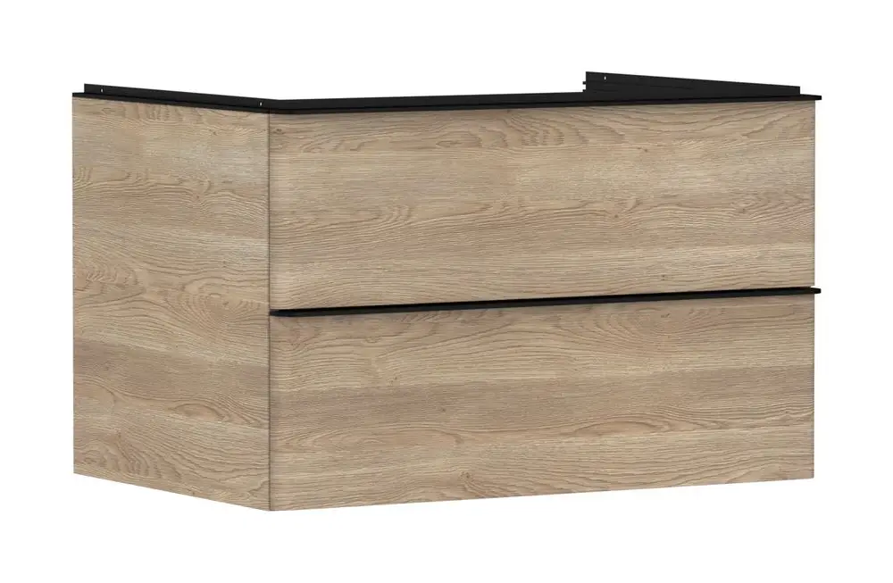 Waschtischunterschrank von Hansgrohe in Holzoptik mit zwei Schubläden, geeignet für einen Aufsatzwaschtisch, rechteckige Form, ohne sichtbare Montageelemente.
